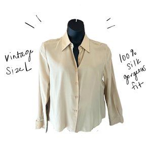 100% Silk Vintage Button Down Blouse with Taupe, Size Large